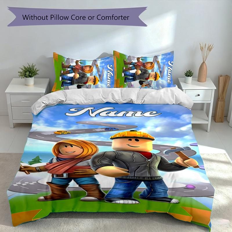 3pcs Custom Name Gaming Roblox Bedding Set,Includes 1 Duvet Cover and 2 Pillowcases,All-season Bedroom Decor