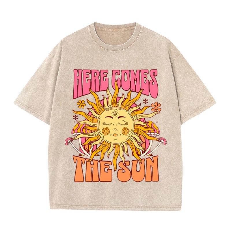 Vintage Black Here Comes The Sun T Shirt Retro Psychedelic Sun Acid Wash Tee S