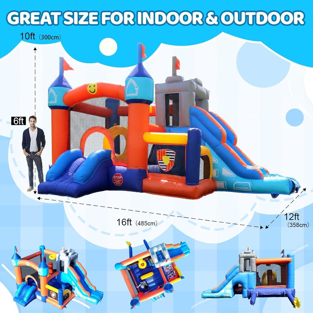Castillo Inflable para Fiestas Infantiles, Castillo Hinchable con Toboganes y Piscina de Bolas, Juego de Lanzar Anillas, Aro de Baloncesto, Obstáculo