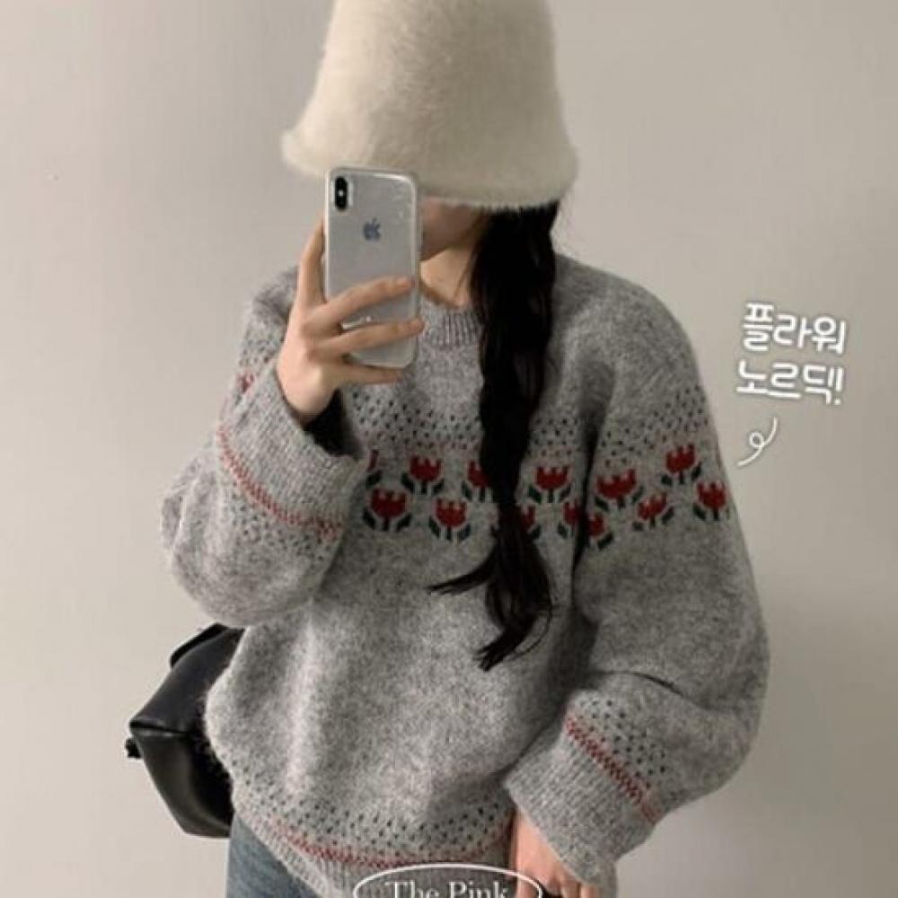 The Pink Women Nordic Flower Hairy Knit