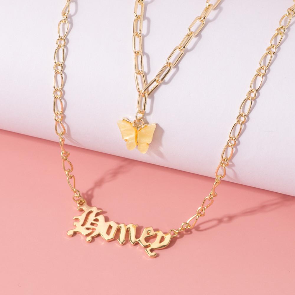 Chic Yellow Butterfly Honey Letter Necklace Elegant Layered Chain Accessory For Women