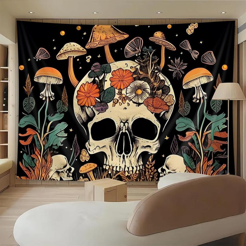 Cartoon Skull Floral Tapestry, Mushroom Leaves Skeleton Goth Garden Aesthetic Tapestries For Bedroom Game Room College