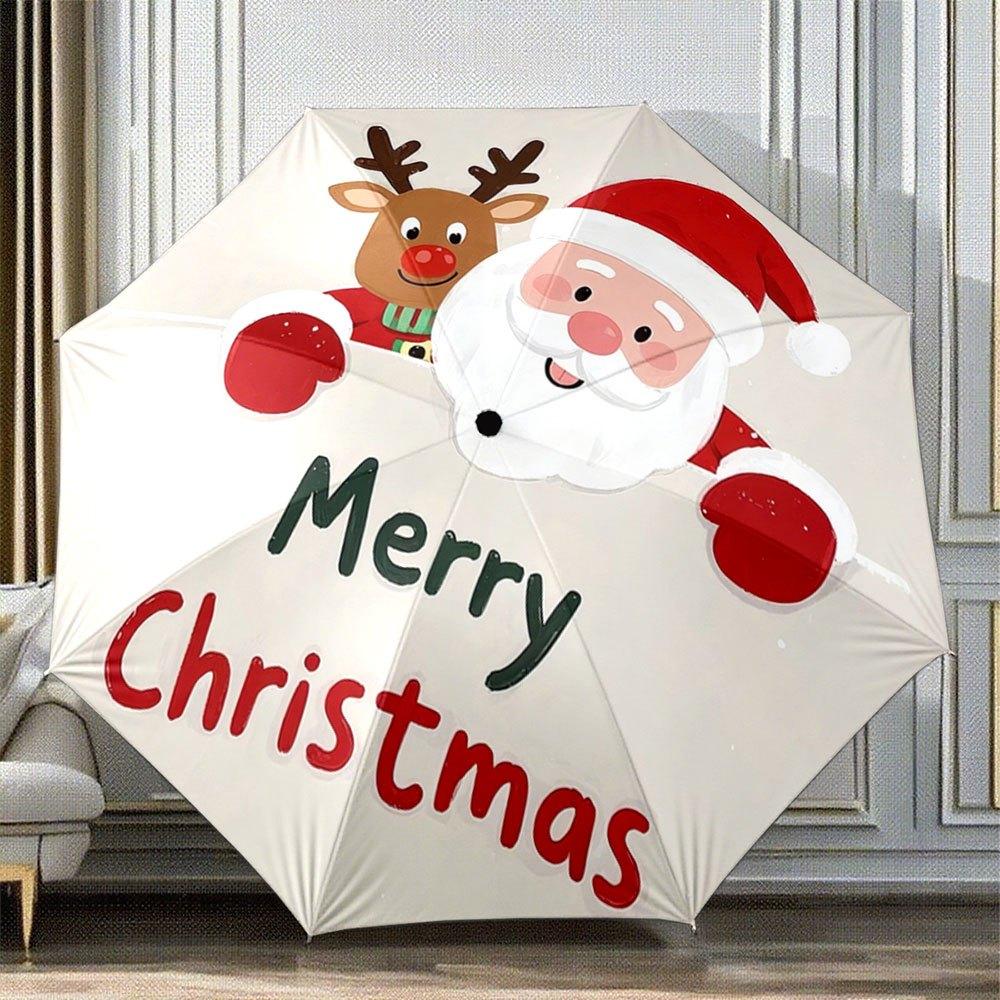 1pc Santa & Reindeer Automatic Folding Umbrella with  Merry Christmas  Text - Portable Collapsible Design, 8-Rib Durable Iron