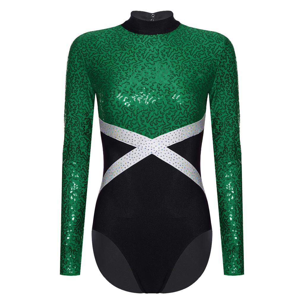 Glänzender Pailletten-Gymnastik-Leotard für Damen, Kontrastfarbe, Langarm, Rücken Ausgeschnitten, Einteiliger Body, Eiskunstlauf-Bekleidung