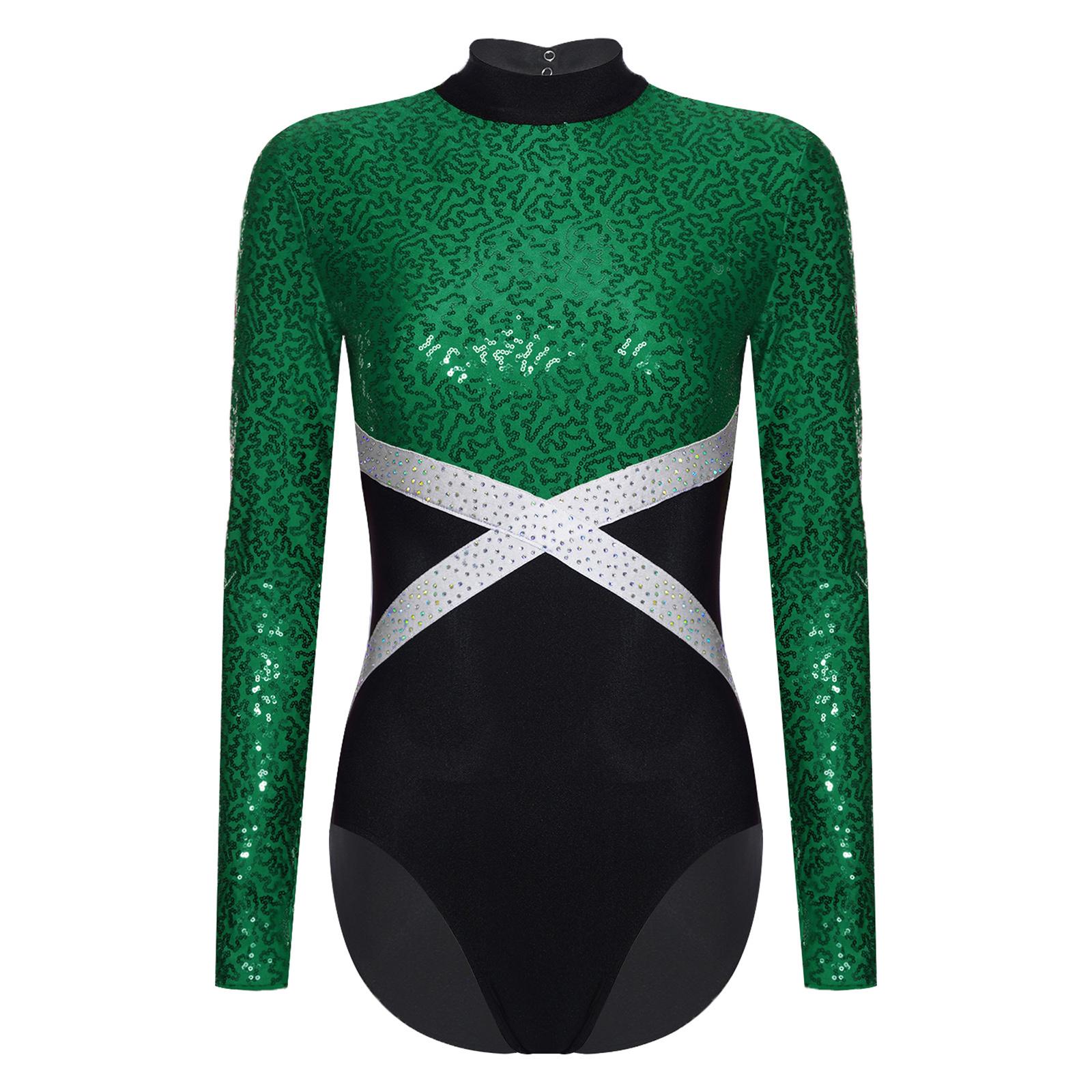 

Womens Shiny Sequin Gymnastic Leotard Contrast Color Long Sleeve Back Hollow Out One Piece Bodysuit Figure Skating Wear S темно-зелений колір