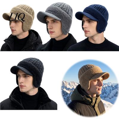 Breathable Fleece Hat for Commuting Winter with Brim And Ear Flaps, Lined Knitted Hat, Warm Stretchy Visor Cap Fuzzy Men, Cold Weather Outdoor Hiking