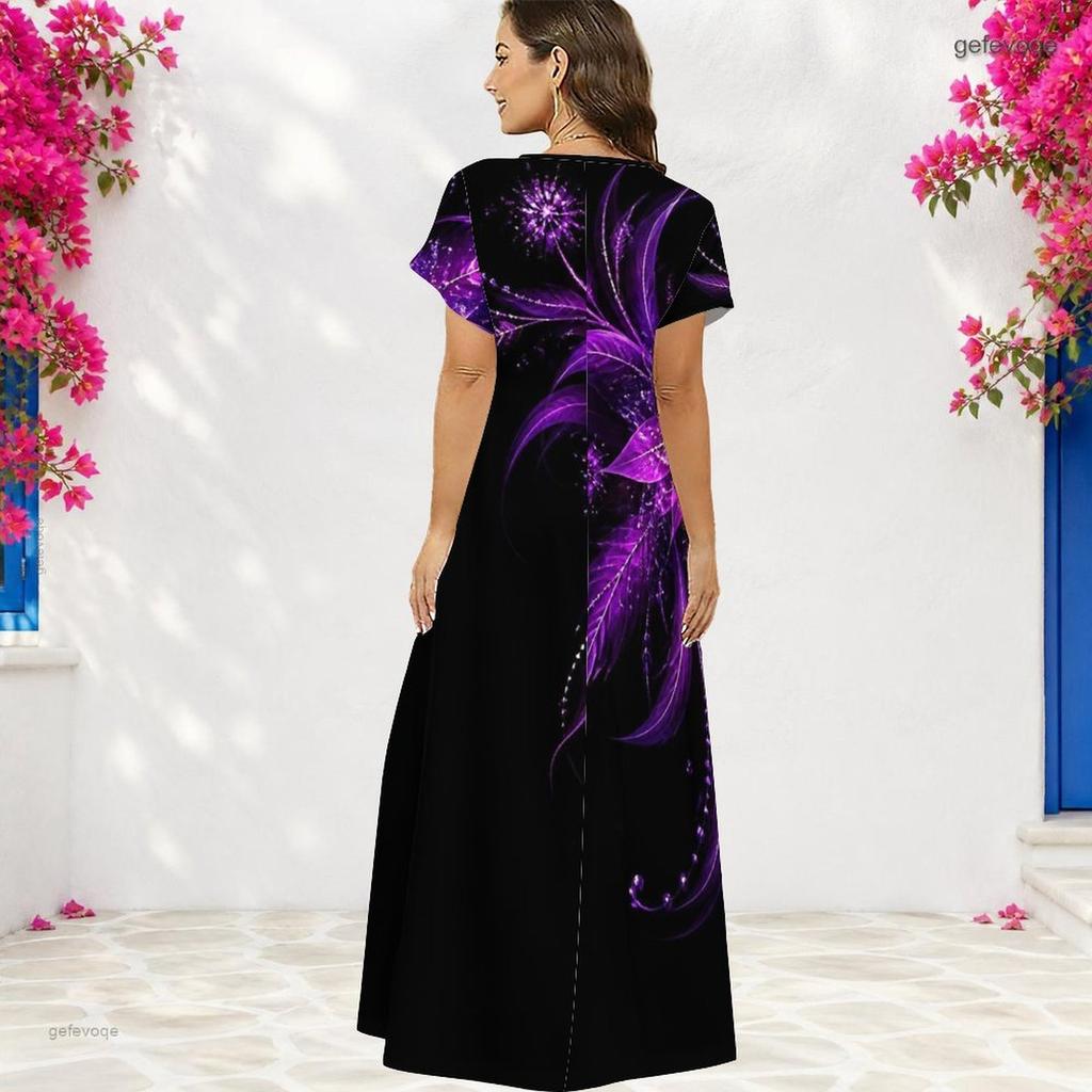 Women Plus Size V Neck Short Sleeve Printed Black Long Maxi Dress