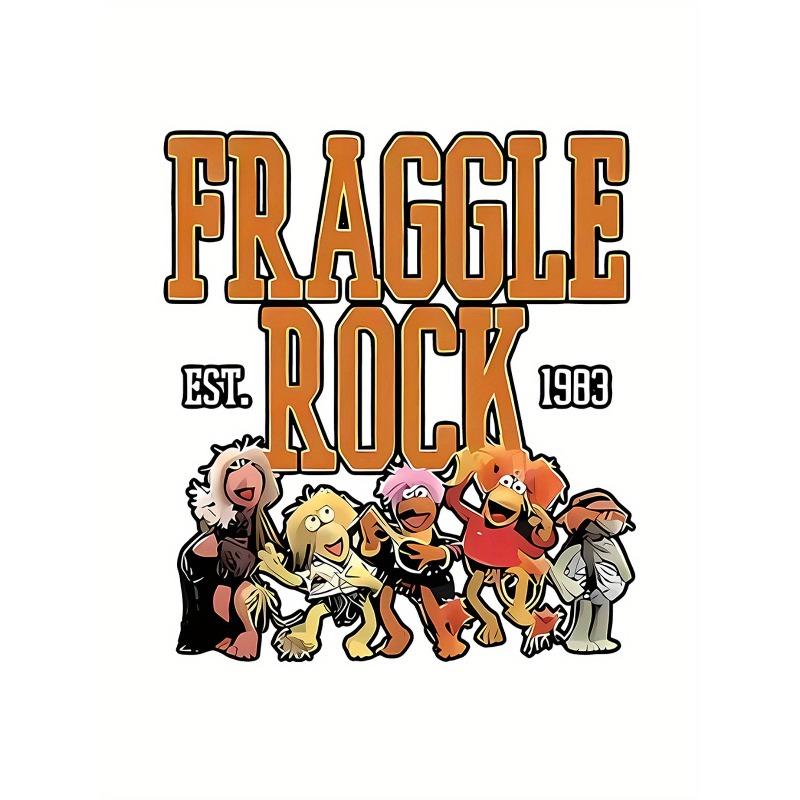 Europäische Größe 1 Stück Damen Freizeit-T-Shirt mit Rundhalsausschnitt, Fraggles Rock 1983 Aufdruck, Geometrisches Muster, Mittlere Dehnbarkeit, Ganzjahres Mode-Top