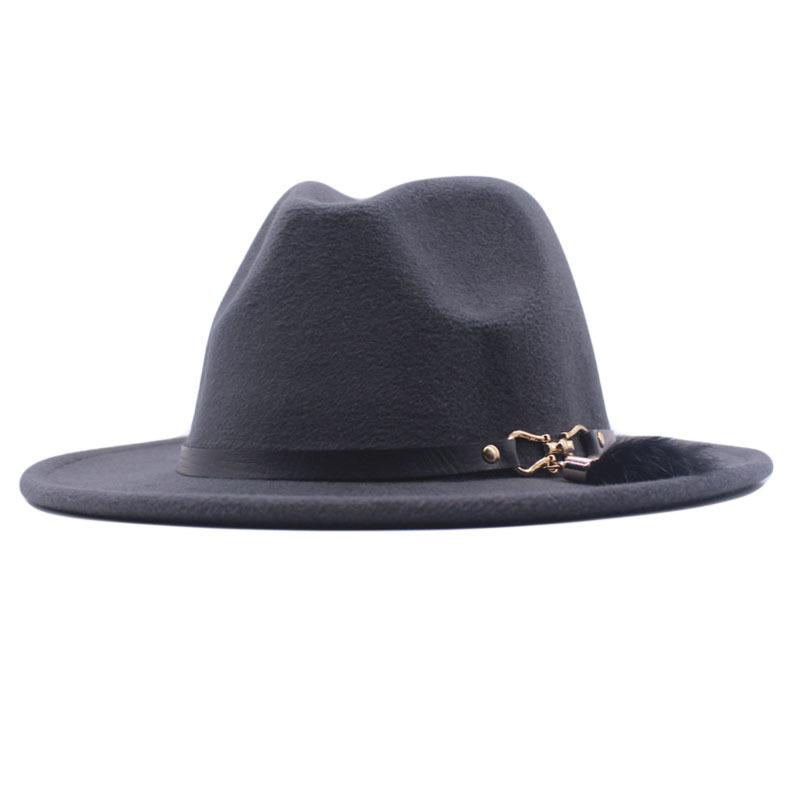 Autumn and winter woolen top hat British style classic flat edge jazz hat fashionable versatile women's hat metal buckle feather hat