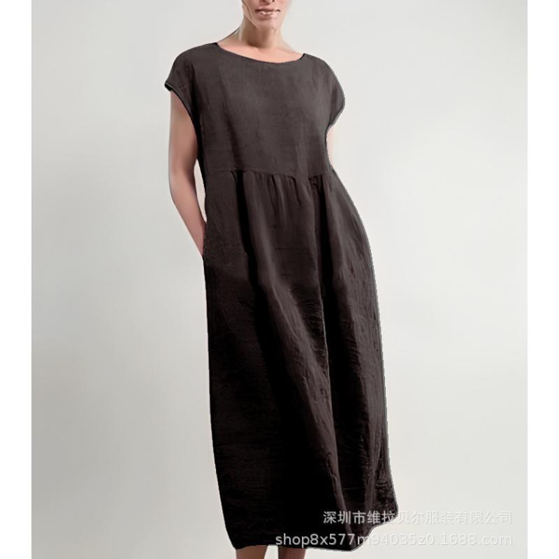 Summer Round Neck Solid Color Short-sleeved Dress Loose Cotton and Linen Pocket Women's Dress