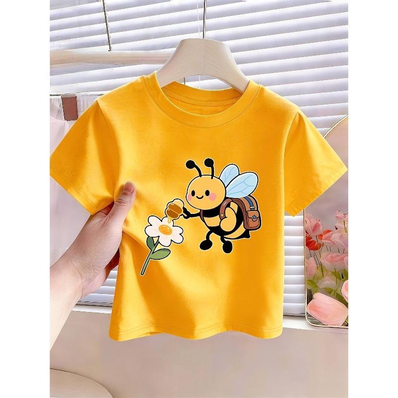 European sizes Cartoon-style Cute Little Bee Collecting Honey" Letter/cartoon Print, Girls' Short-sleeve T-shirt, Suitable for Summer Wear