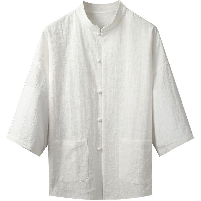 Men's Retro Cotton-Linen Summer Shirt with Stand Collar and Loose Five-Point Sleeves