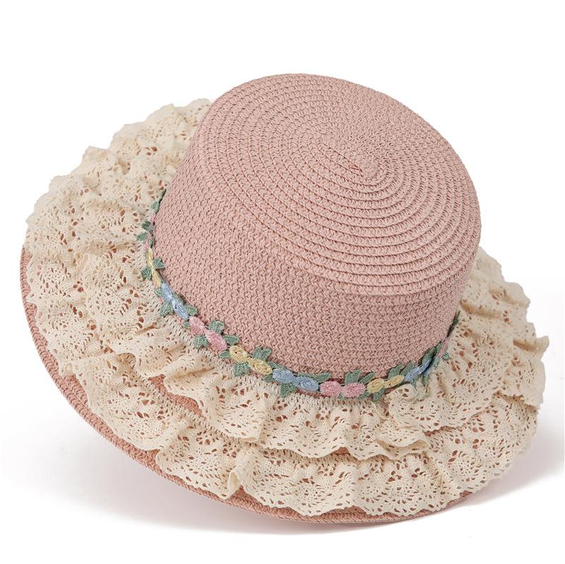 French Lolita Lace Straw Hat Women'S Summer Big Brim Shade Flat Top Top Hat Seaside Beach Shade