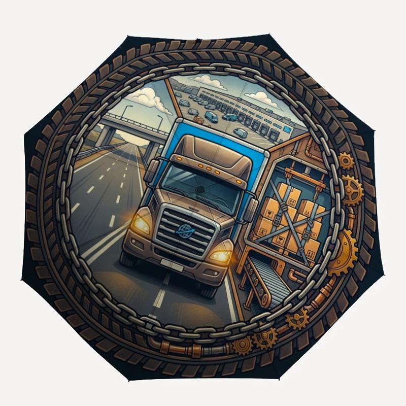 Logistics Transportation Pattern Umbrella, Portable and Foldable Design, 8 Ribs, a Casual Accessory for Halloween, Christmas, and Birthday Gifts.