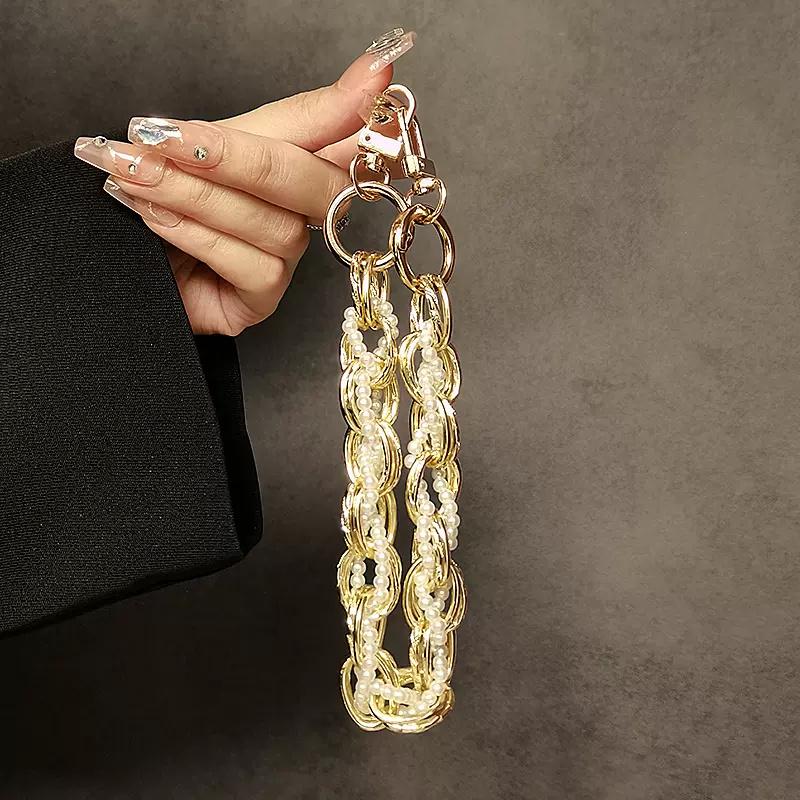 

Luxury Pearl Silver Mobile Phone Lanyard Wrist Strap Lady Hand-held Chain Short Anti-lost Cell Phone Earphones Cute Key Pendant