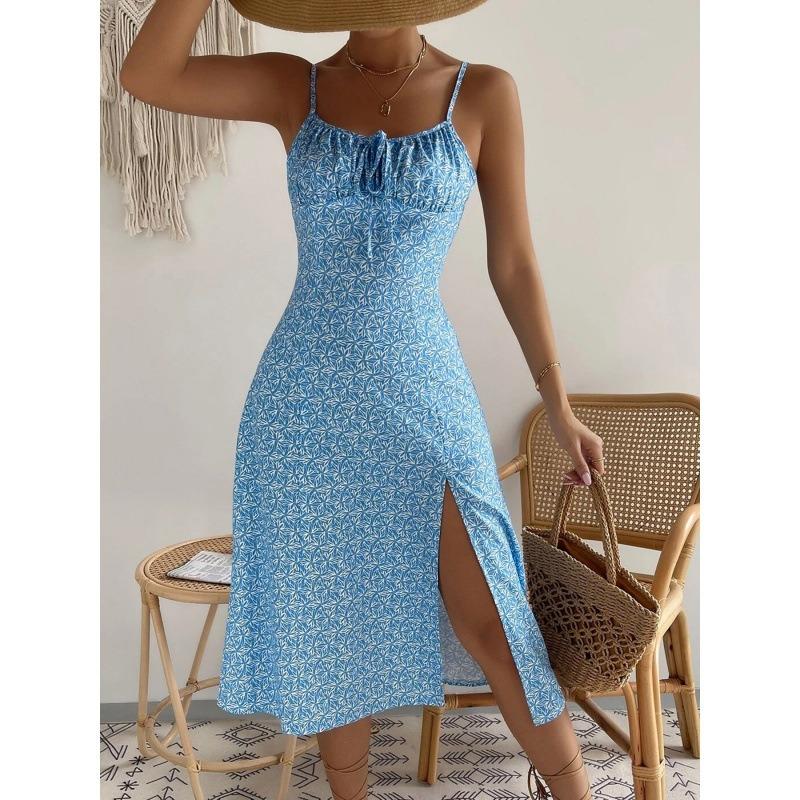 Women Floral Print Spaghetti Strap Midi Dress With Front Slit And Drawstring
