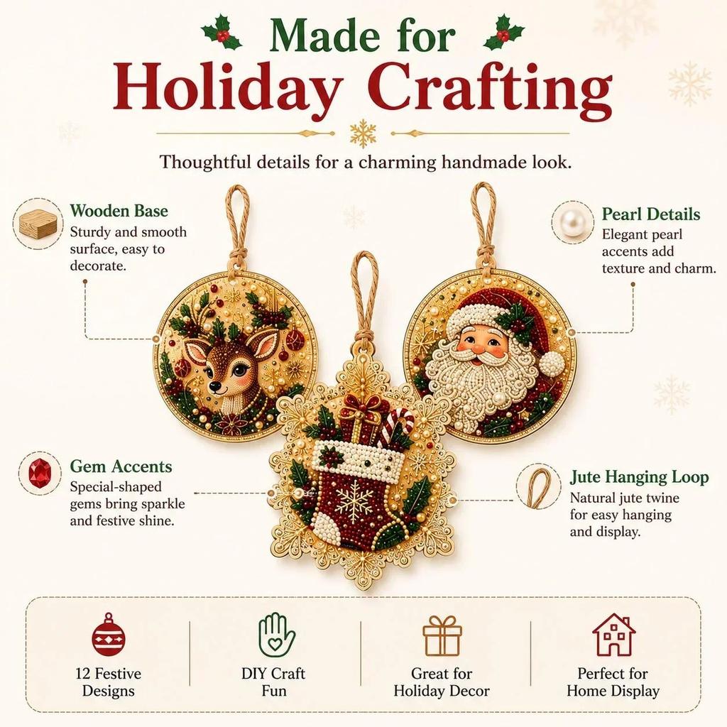 Christmas Pearl Diamond Painting DIY Kit, Wooden Ornaments, Pearl Beads, Hanging Craft for Christmas Tree Decor, Adults