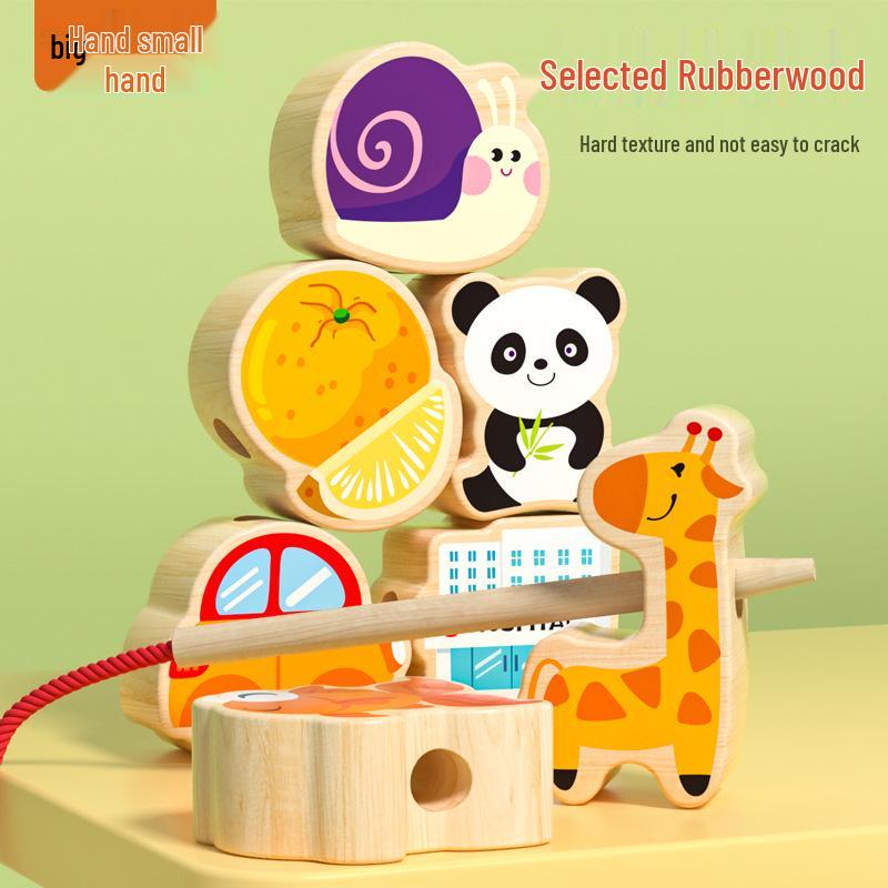 Wooden Animal & Fruit Beaded Blocks Educational Toy for 3-Year-Olds