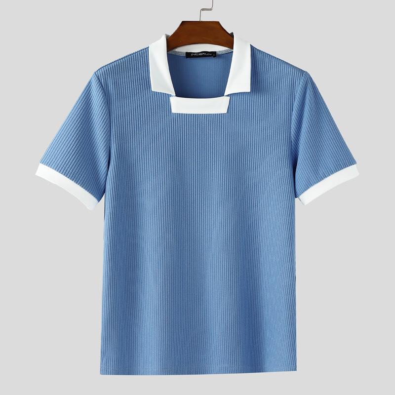 INCERUN Men Lapel Square Collar Short Sleeve Stitching Color Casual Fitted T-shirts