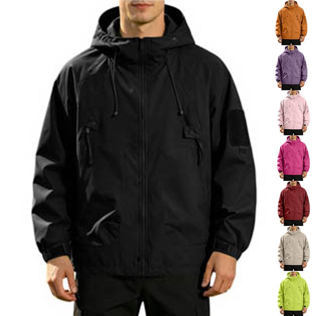 Men's Outdoor Hooded Jacket Thickened Loose Fit Windproof Waterproof Breathable Lightweight Shell for Hiking Camping