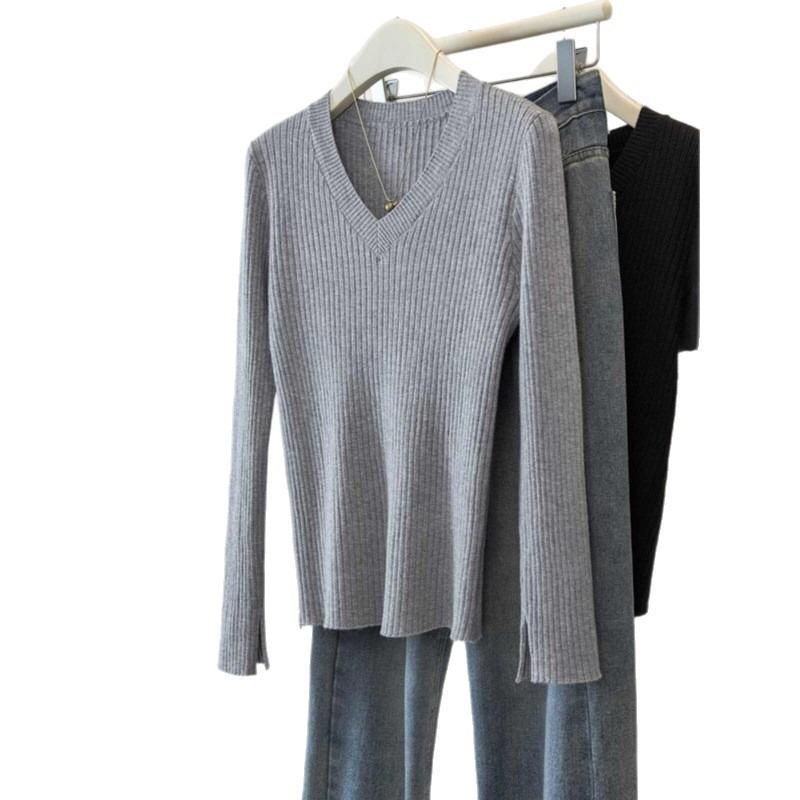 Gray Knitted Sweater Long-sleeved Women's New Spring and Autumn Inner Lining Long-sleeved Thin Top