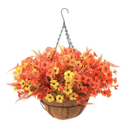 

Осенняя подвесная корзина с искусственными цветами, устойчивая к УФ-излучению, для улицы, сада, двора, патио, крыльца, балкона, с искусственными растениями и кокосовым вкладышем, корзина-плантер C