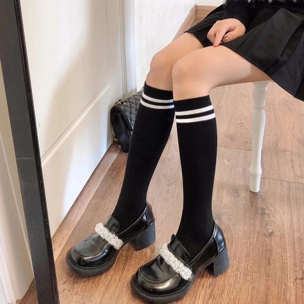 Japanese JK Knee High Socks Kawaii Striped Black White Cotton Long Tube Stockings for Women Girls Students Fashion Leg Warmers
