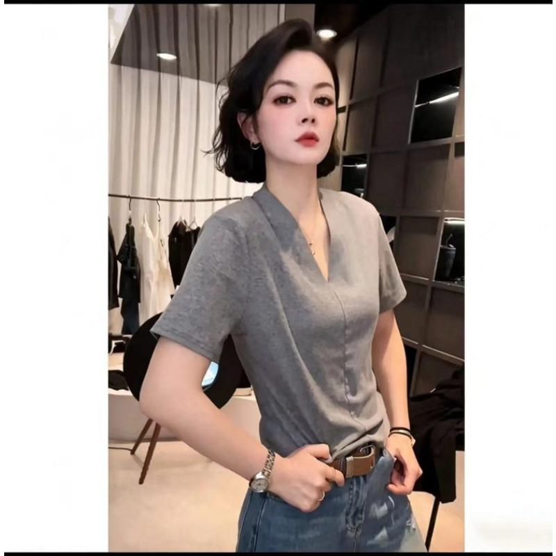 A Popular Live Broadcast, a New Fashionable V-neck Solid Color Simple and Versatile Short-sleeved T-shirt In Summer