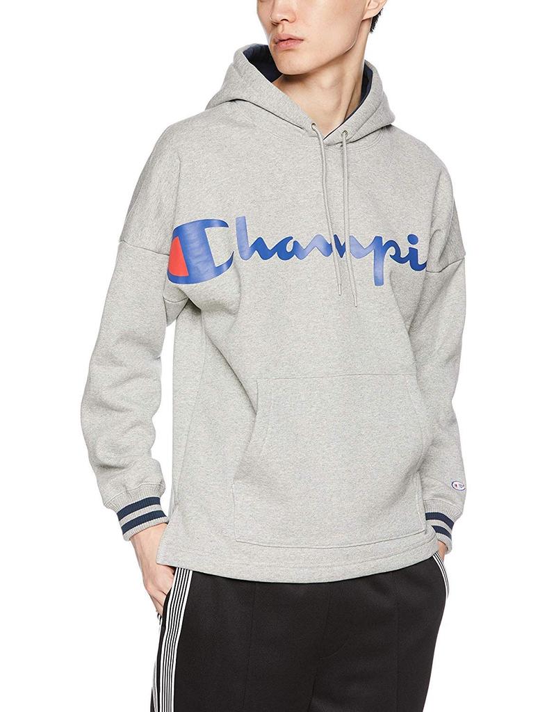 Champion Half Large Script Logo Oxford Size M Men's Hoodie, Fleece-Lined, Sleeves, Logo, Print, C3-N119, Gray,