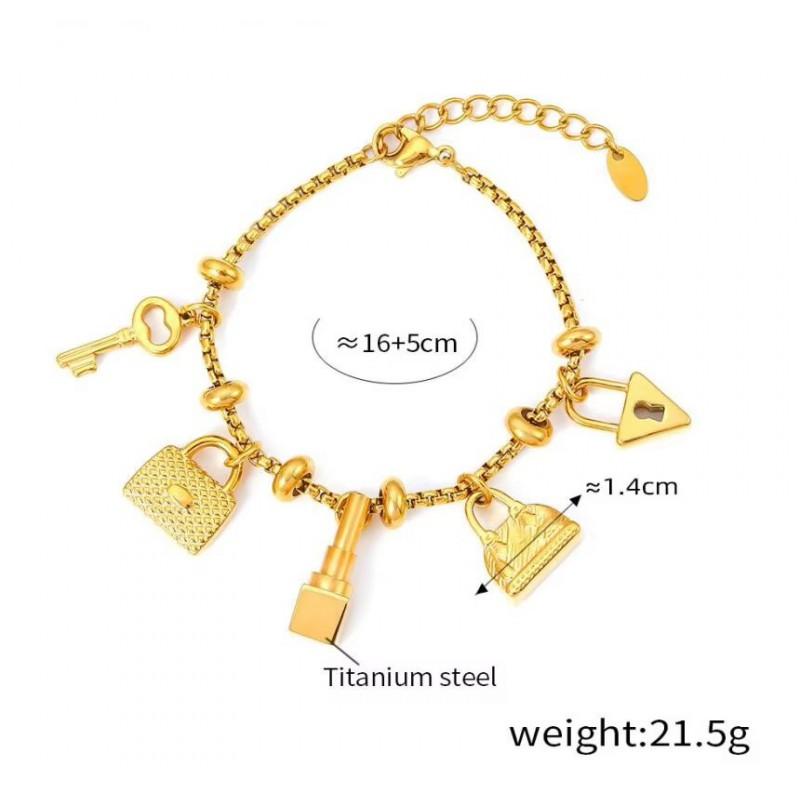 Vintage-Inspired Rhinestone Pendant Charm Bracelet Women 18K Gold Plated Titanium Steel Hypoallergenic Fade-Resistant