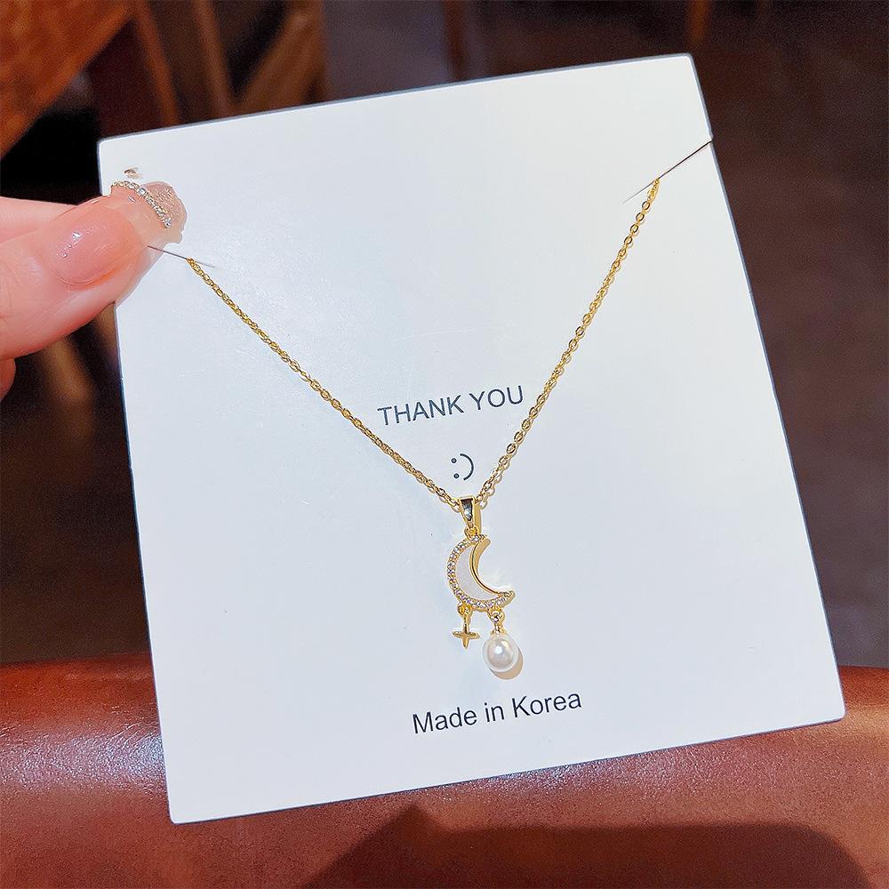 2026 Dreamy Moon Star Pearl Pendant Necklace - Gold Plated Zircon Celestial Tassel Collarbone Chain for Women Elegant Jewelry