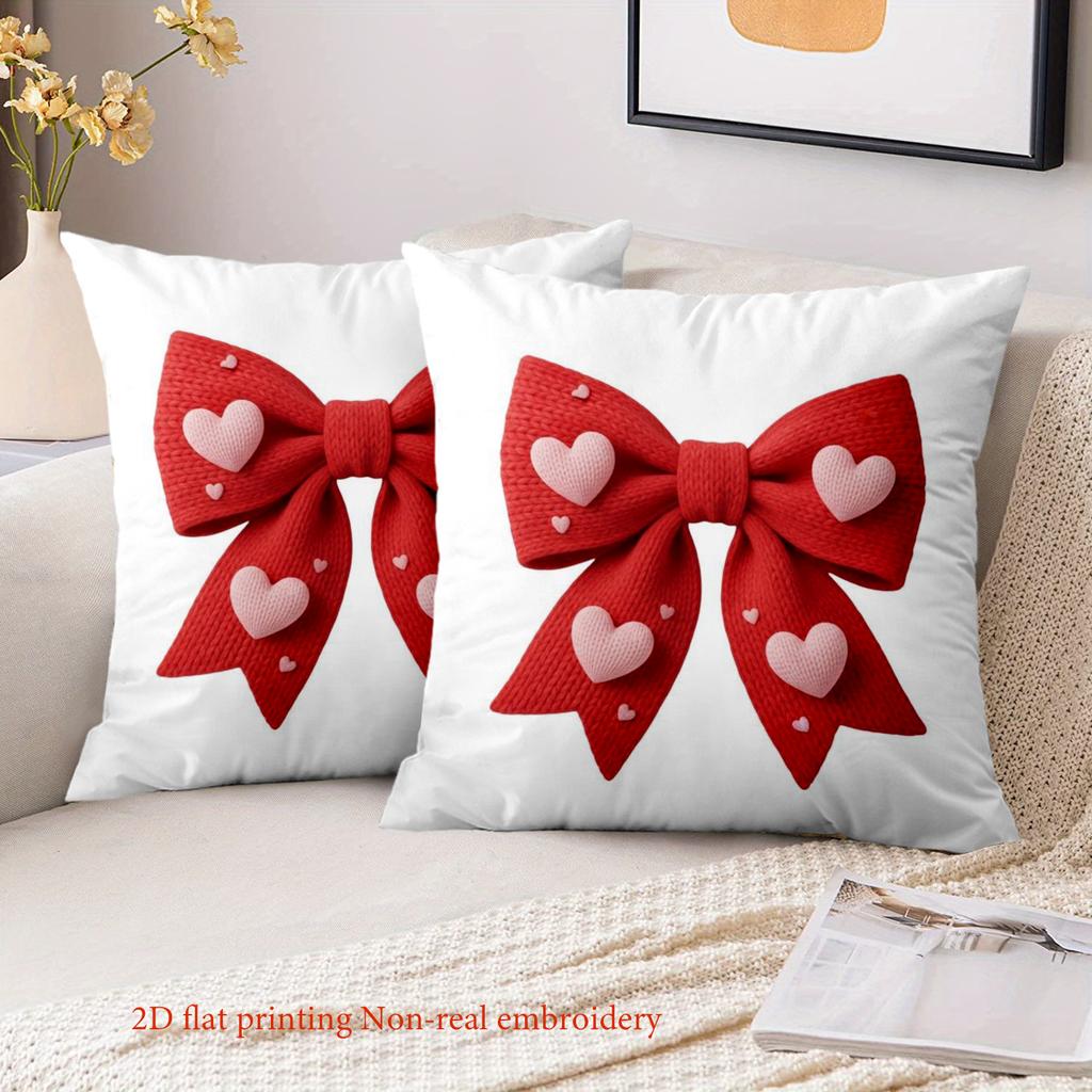 1 Pieces Red Bow With Heart Pattern White Throw Pillow Polyester Pillowcase, Sofa Decorative Cushion Cov Headboard Pillow