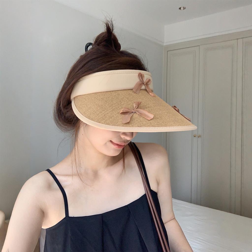 New straw vinyl bow empty top sunscreen hat women's summer outdoor big eaves breathable face small sun hat