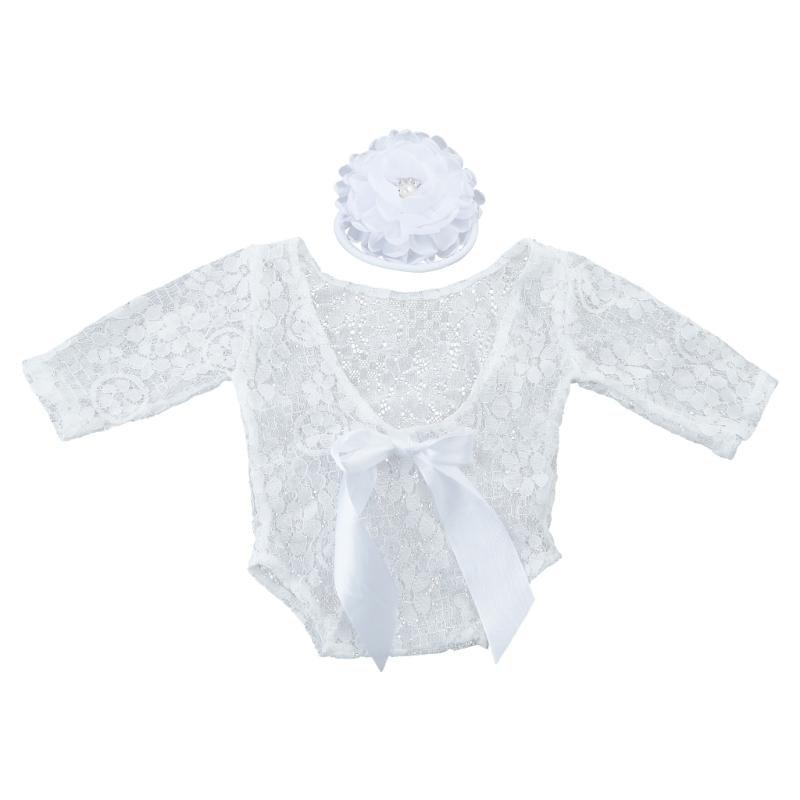 

2 Pcs Lace Jumpsuit Bodysuit Floral Hairband Newborn Photography Props Baby Boys Girls Lace Romper Flower Headband Set 1 білий