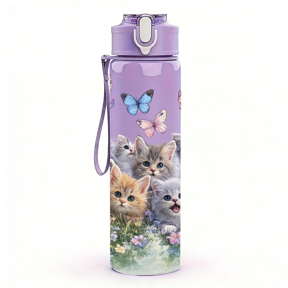 1 Stück Mehrrassen-Kätzchen Florale Collage 750ml Farbe Kunststoff-Wasserflasche Auslaufsicherer Klappdeckel mit Strohhalm Für Sport, Büro, Heimgebrauch