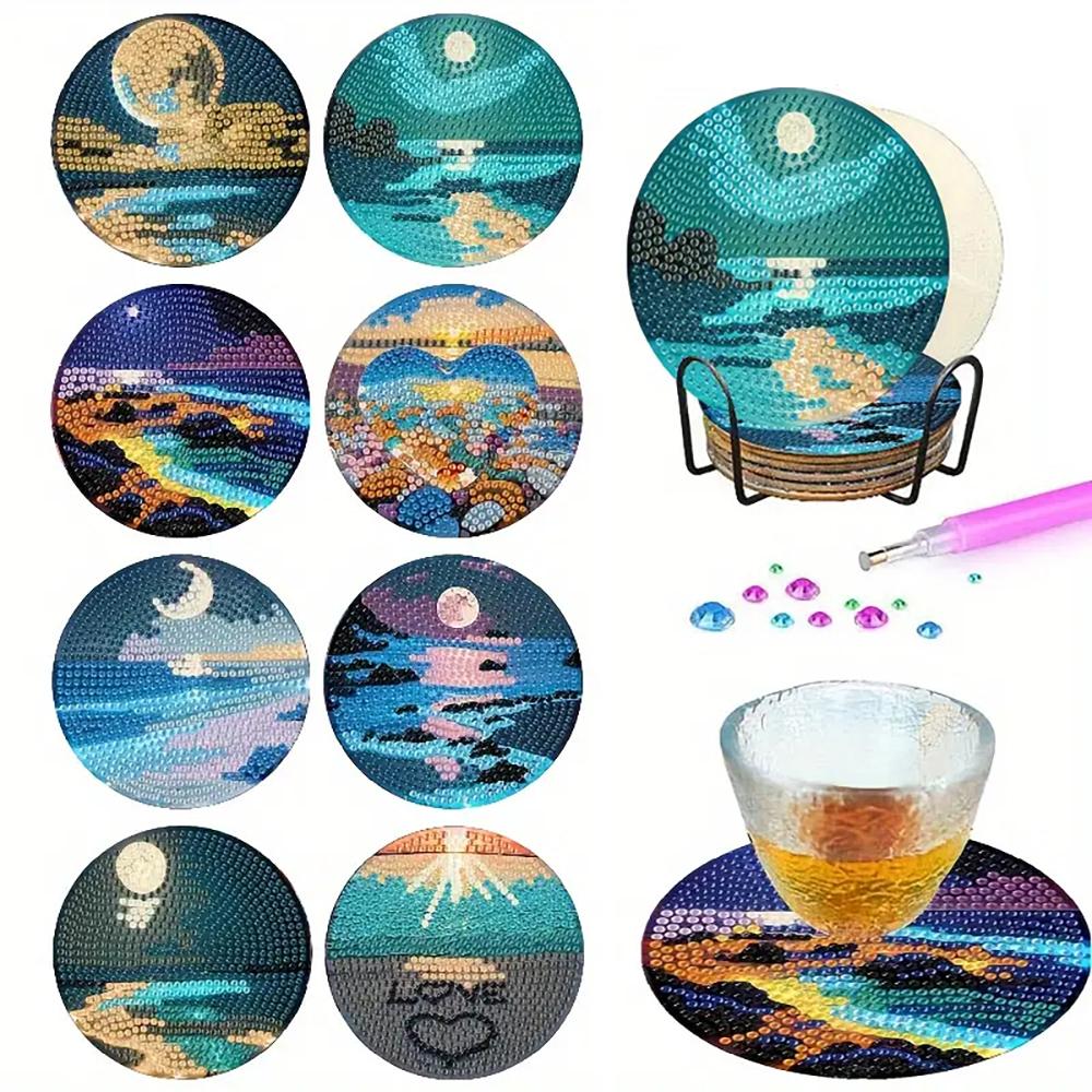 8 Pieces/set of Diamond Painted Landscape Patterned Coasters,DIY Coasters with Holders,Suitable for Beginners and Adults, Art and Craft Supplies Gifts