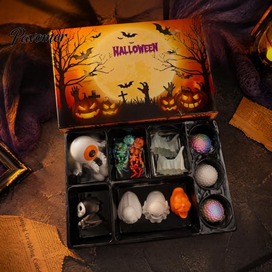 Halloween Party Table Decorations 3D Printed Figures with Gift Box, Small Flexible Fidget Toys Set, Pumpkin Bucket Stuffers Cute Grim Reaper,