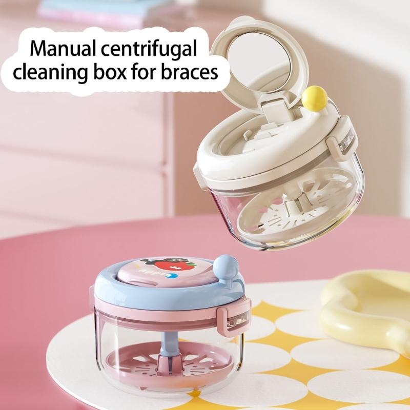 Portable Denture Cleaning Box Featuring Mirror Compartment Hand Cranked Retainer Organizers