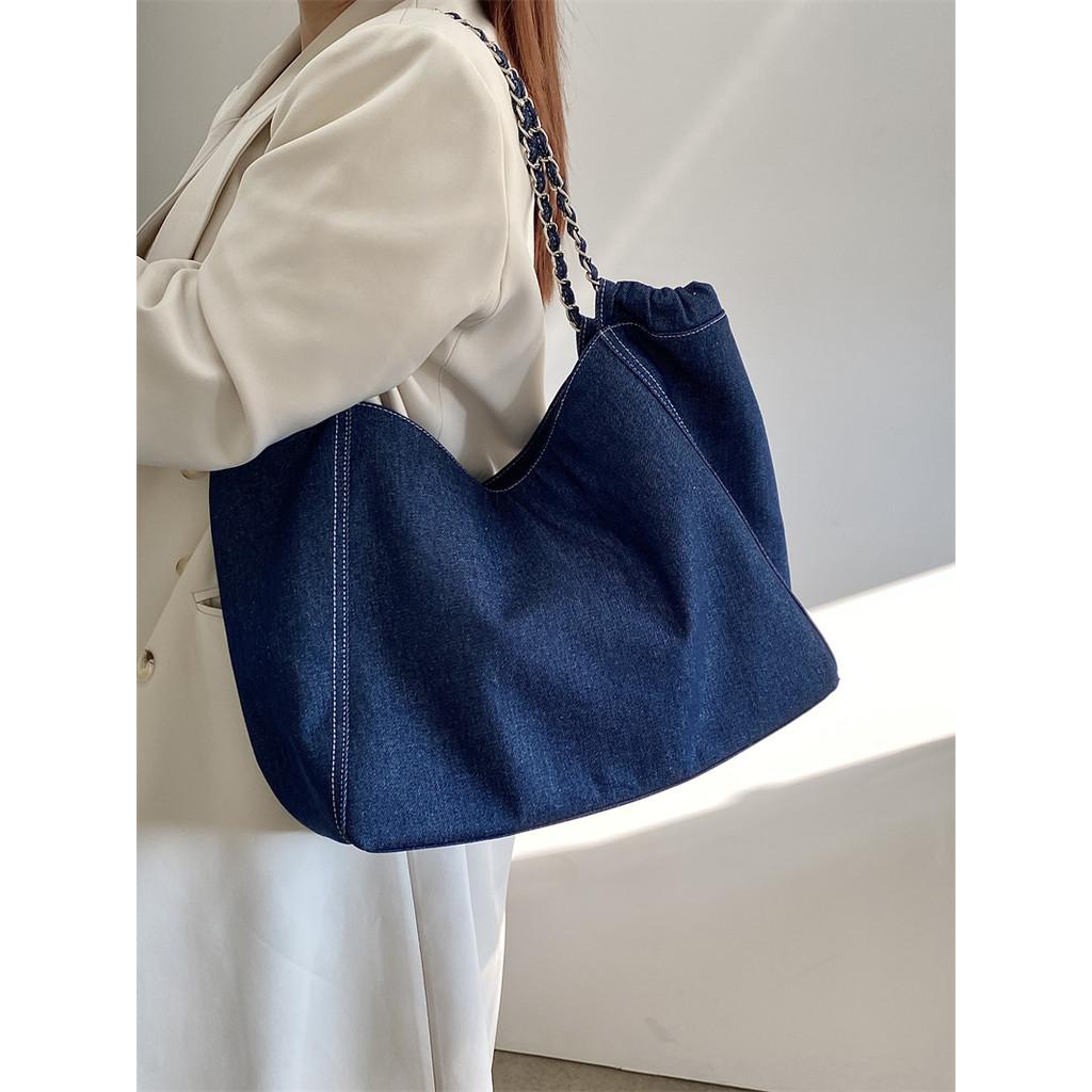 IELGY Female Bag Korean Style Large-Capacity Denim Chain Shoulder Tote Bag