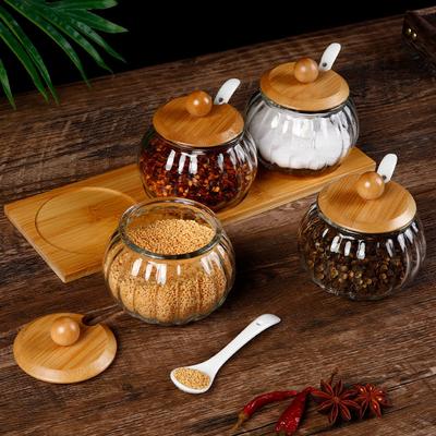 Transparent Glass Seasoning Jar with Wooden Cover Glass Seasoning Bottle Household Kitchen Seasoning Tool Salt Storage Box