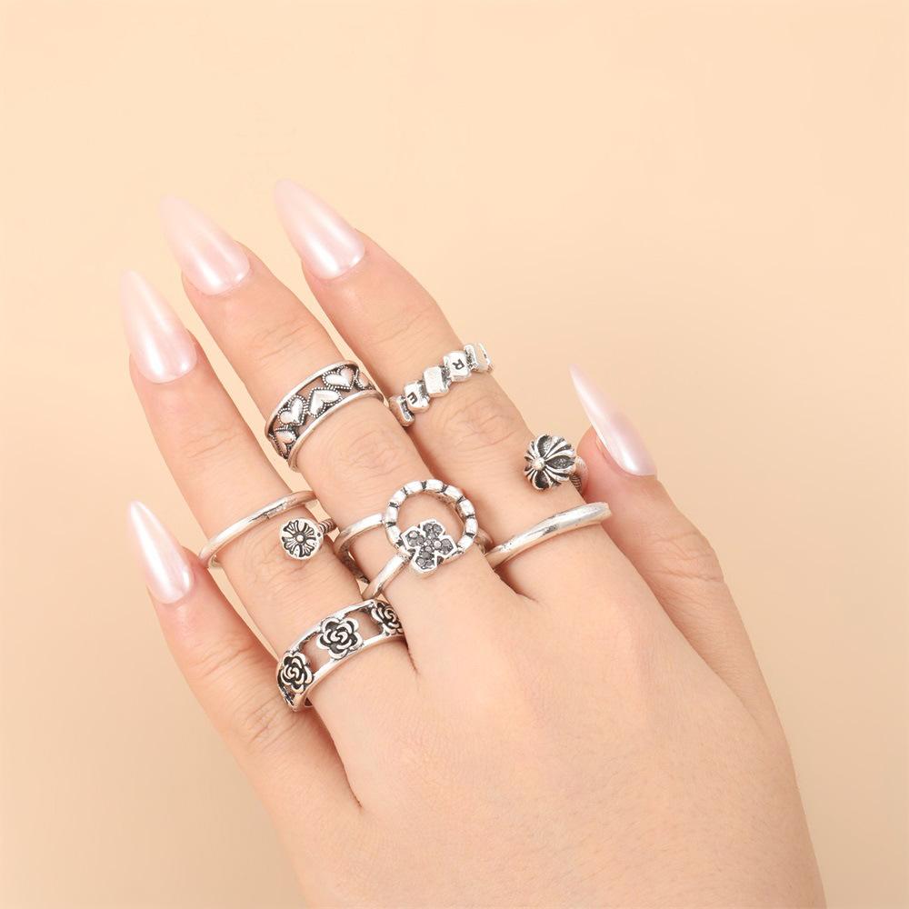 Personalized Combination Ring, Retro Love Nails Flower Opening 6 Pieces Ring Jewelry