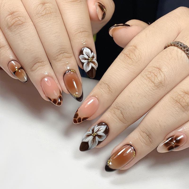 24Pcs Autumn Winter Matte Almond False Nails with Glue Rose Leaf Printing Nail Art Simple Full Cover Press On Acrylic Nails Tips