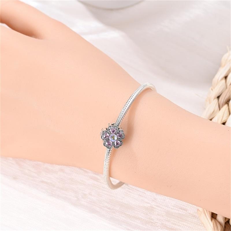 925 Silver Spring Pink Flower Charms Beads Fit Exquisite Bracelet DIY Women Birthday Jewelry Gifts