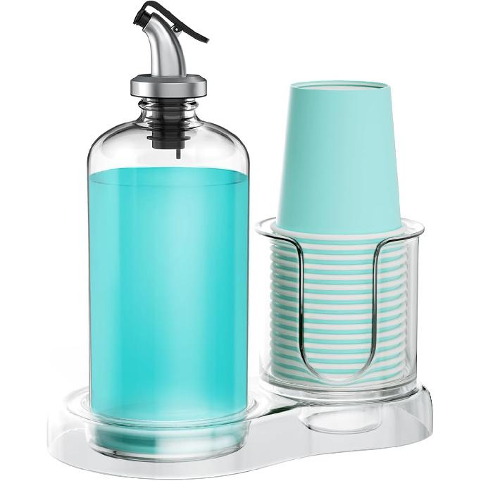 Mouthwash Dispenser for Bathroom with Cup Holder Detachable Glass Mouthwash Container 16 Oz,Refillable Mouth Washer Dispenser for Countertop