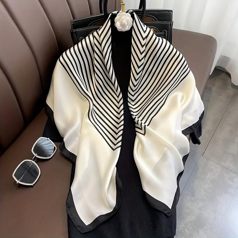 

Simple Striped Shawl Black and White Satin Square Scarf Elegant Headscarf Faux Turban Classic Travel Beach Towel білий