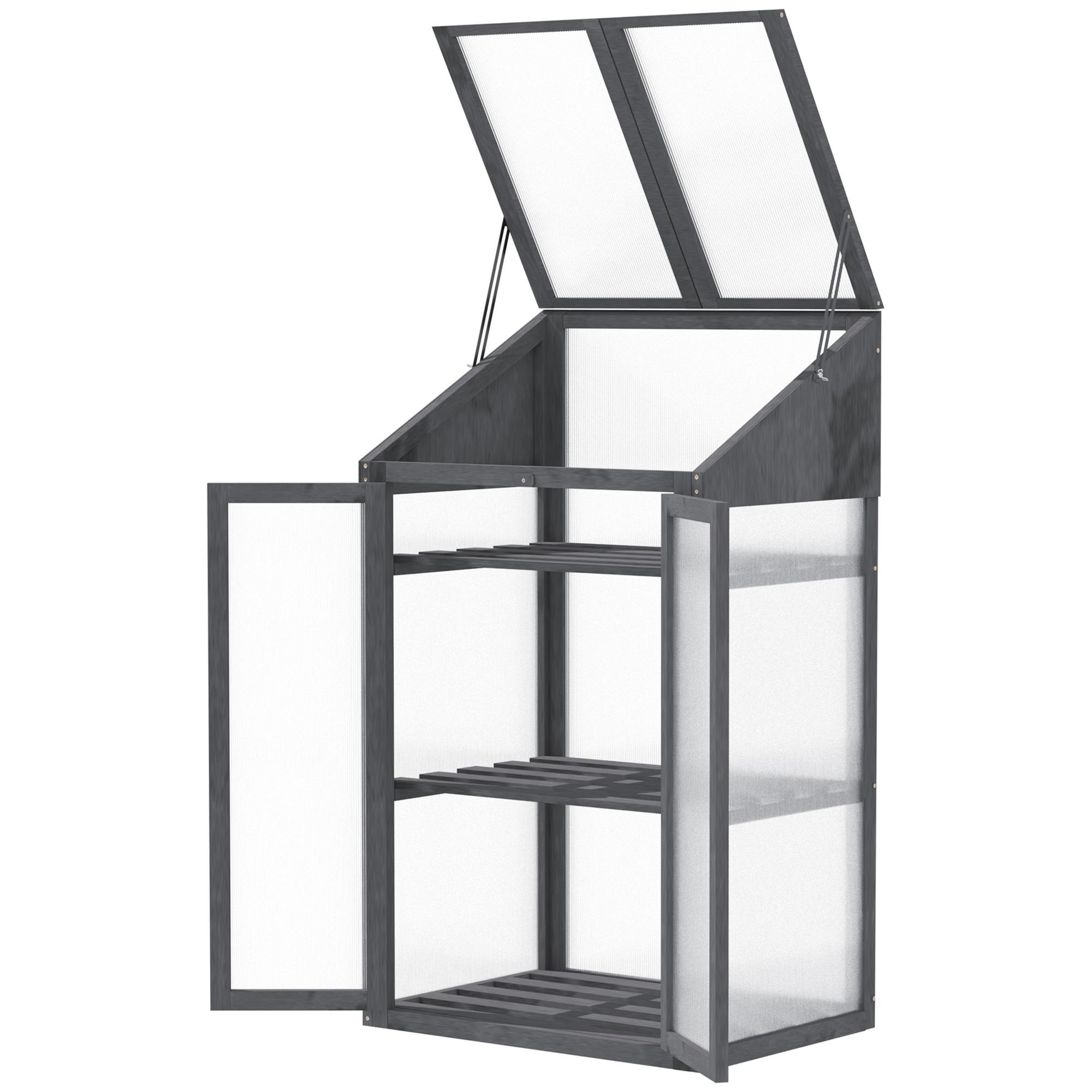 Serre froide en bois Serre en polycarbonate avec couvercle supérieur ouvrant et double porte Serre de culture pour fleurs, légumes et plantes 70 x 50 x 120 cm Gris