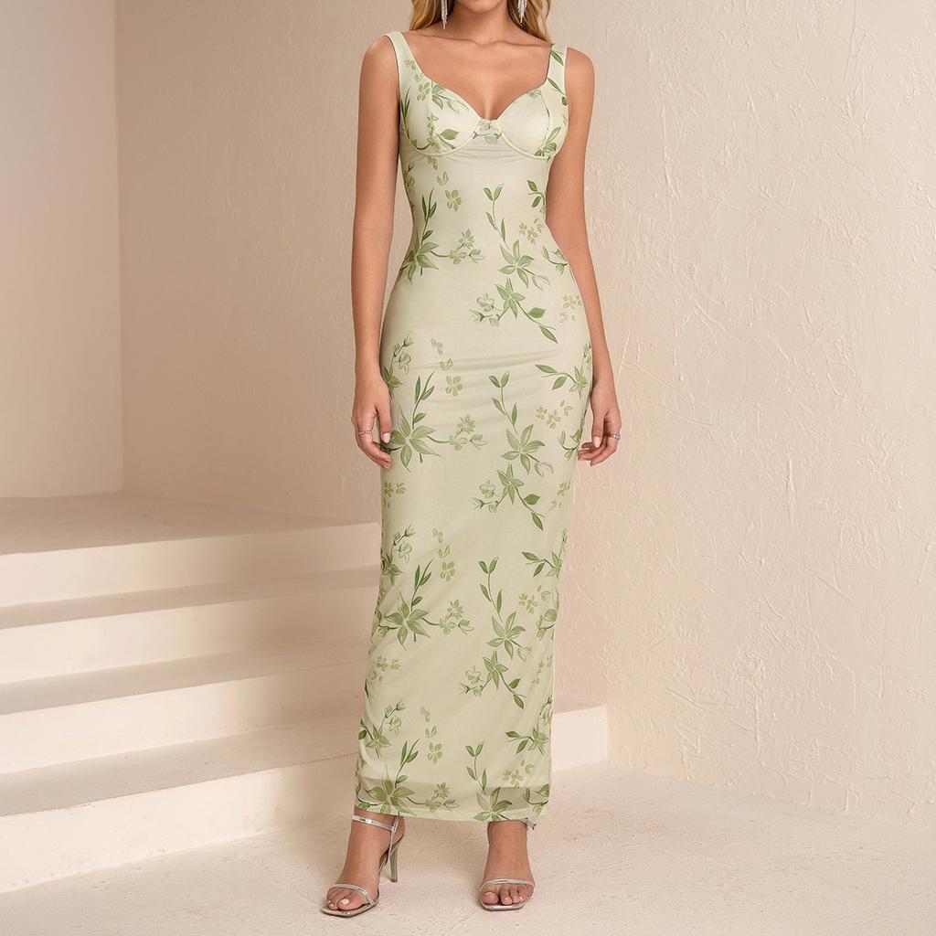 Mesh dress, European and American sexy printing backless split tight hip-wrapped long suspender skirt