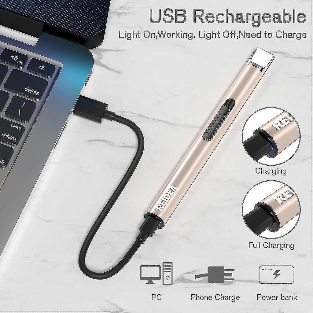 Electronic Candle Lighter Arc Windproof Flameless Usb Rechargeable Lighter With Safe Button For Home Kitchen Champagne Gold Old Model