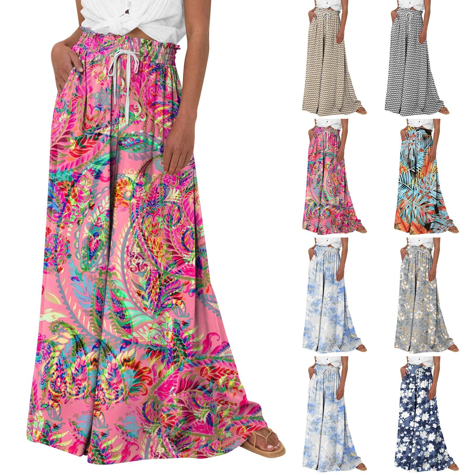 

Women s Printed Wide Leg Pants With Pockets High Waist Drawstring Loose Casual Pants XL небо синє кольору