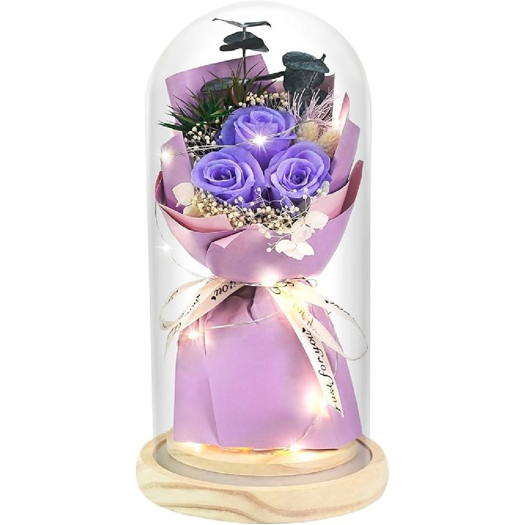 HVY Preserved Flowers Gifts for Her,Preserved Rose Bouquet In Glass Dome,Forever Flowers Fresh Bouquet Present for Women Mothers Day Birthday Gifts